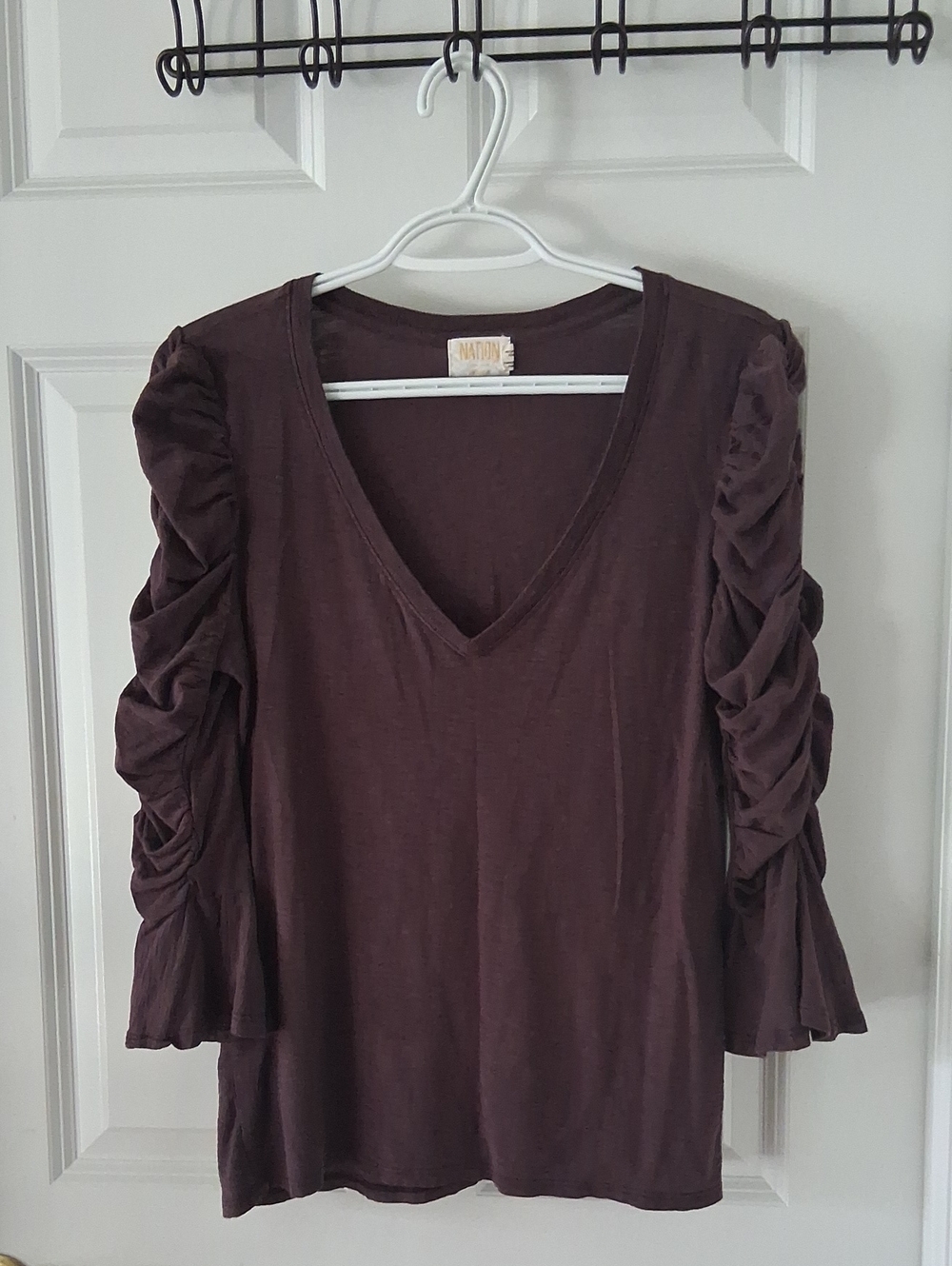 Nation LTD V-Neck Top with Ruched Bell Sleeves in Plum Size L